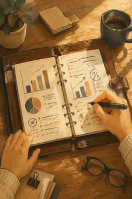 Warm Business Planning Notebook with Financial Charts