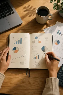 Business Planning Notebook on Wooden Desk