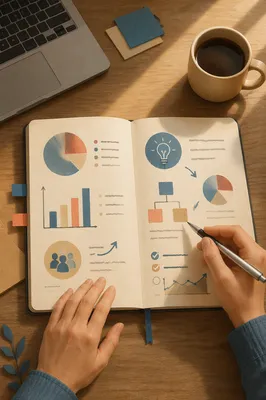 Business Planning Notebook on Wooden Desk