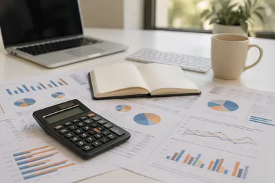 Business Planning Desk With Charts and Notebook