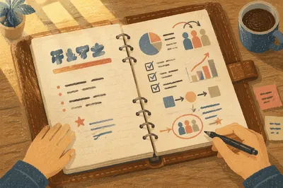 Business Plan Notebook with Hand Drawn Charts