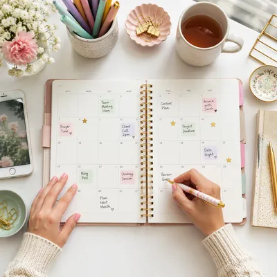 Bright Desk Calendar Planning Flat Lay