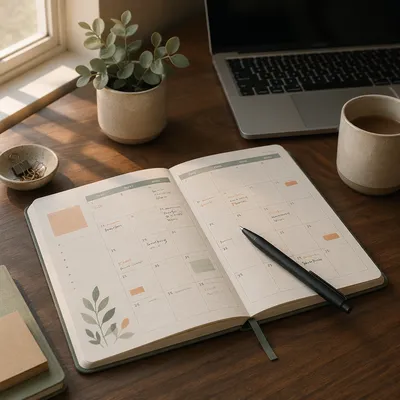 Open Calendar Planner on Walnut Desk