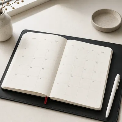 Open Monthly Planner on Minimal Desk