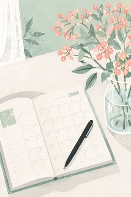 Open Desk Planner with Pink Flowers