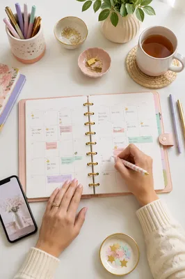 Pastel Desk Calendar Planning with Pen