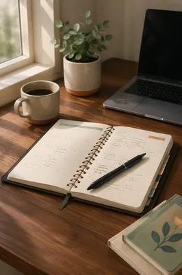 Open Calendar Planner on Walnut Desk