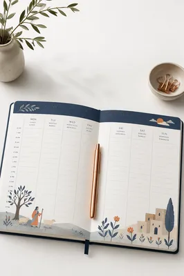Open Weekly Planner on Clean Desk