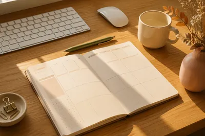 Sunlit Calendar Planner on Wooden Desk