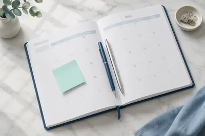 Open Calendar Planner on Marble Desk