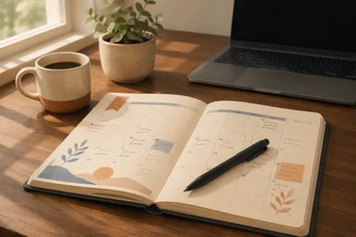 Open Calendar Planner on Walnut Desk