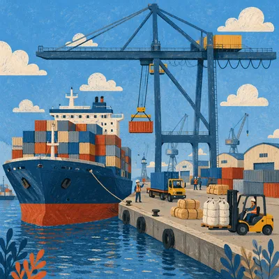 Busy Cargo Port with Container Ship