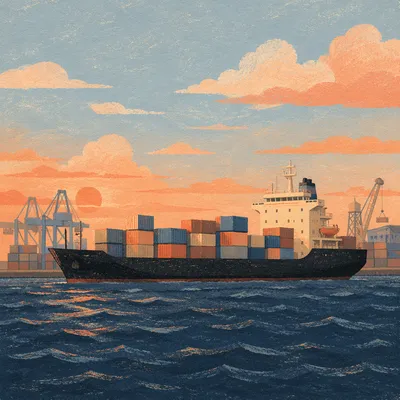 Sunset Cargo Ship Near Industrial Port