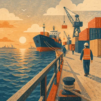 Golden Hour Cargo Ship at Container Port
