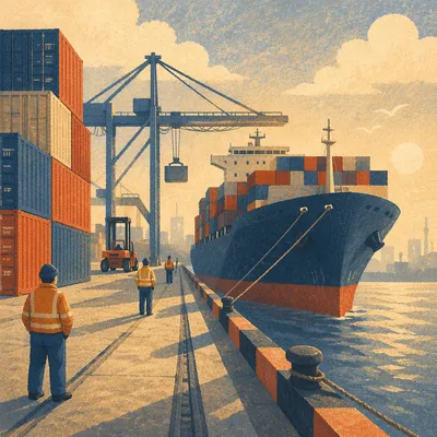 Morning Cargo Ship at Industrial Port