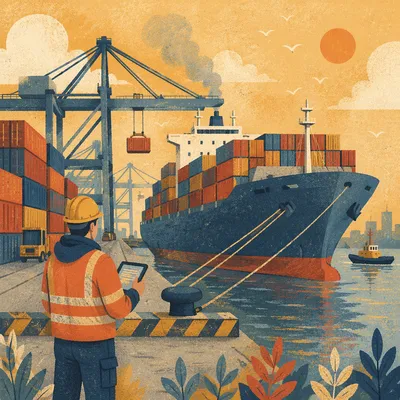Sunrise Cargo Ship at Busy Port