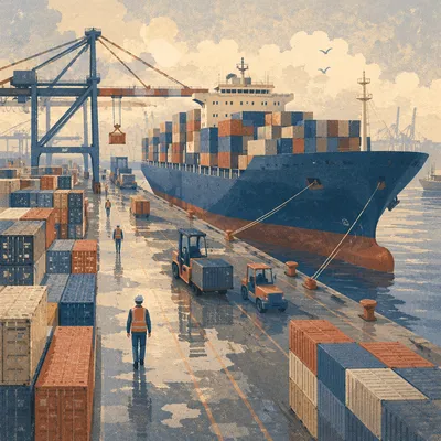 Cargo Ship at Busy Container Port