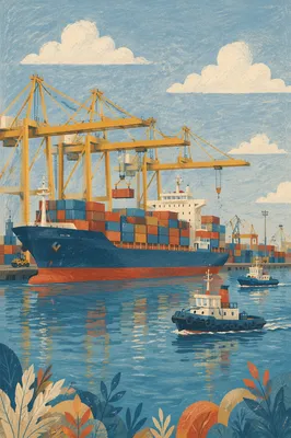 Busy Cargo Ship at Container Port