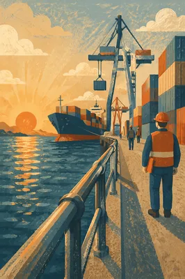 Golden Hour Cargo Ship at Container Port