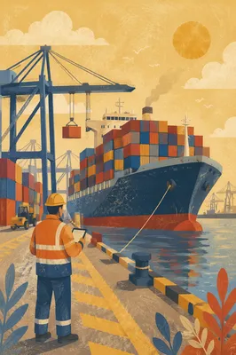 Sunrise Cargo Ship at Busy Container Port