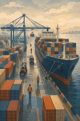 Cargo Ship Docked at Container Port