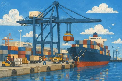 Busy Cargo Port With Container Ship