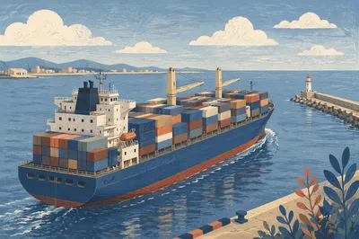 Container Cargo Ship at Coastal Port