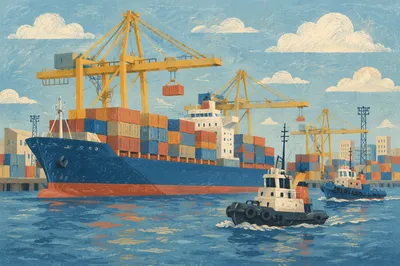 Busy Cargo Port With Container Ship