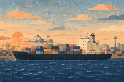 Cargo Ship at Sunset Port Horizon