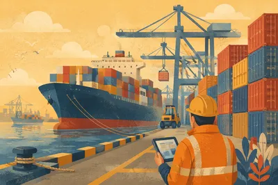 Sunrise Cargo Ship at Busy Container Port