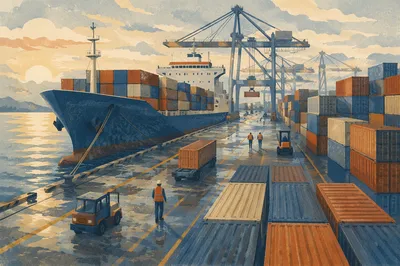 Cargo Ship and Containers at Port
