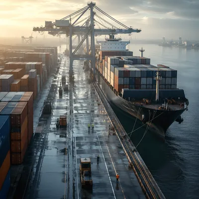 Cargo Ship Docked at Container Port