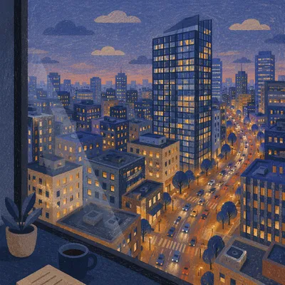 Blue Hour Office View Over Business District