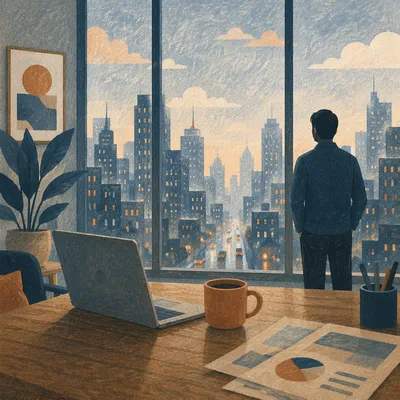 Contemplative Office Window Cityscape at Dawn