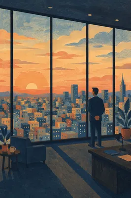 Sunset Cityscape Through Executive Office Windows