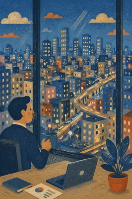 Blue Hour Office View Over Modern City