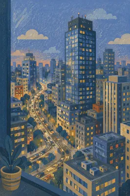 Blue Hour Business District Window View