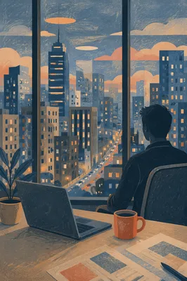 Blue Hour Cityscape Through Office Window