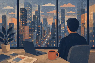 Blue Hour Office Window Cityscape View