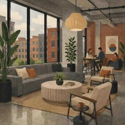 Modern Co-Working Lounge with Gray Sofa