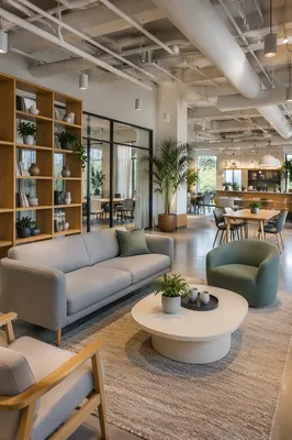 Modern Co-Working Lounge with Gray Sofa