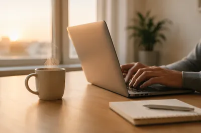 Morning Coffee and Laptop Workspace Scene