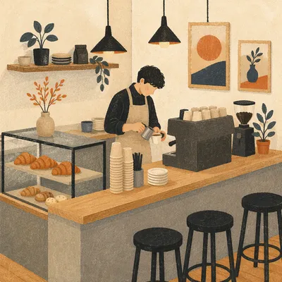 Warm Minimalist Cafe Counter with Barista