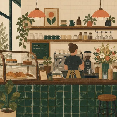 Cozy Coffee Shop Counter with Barista