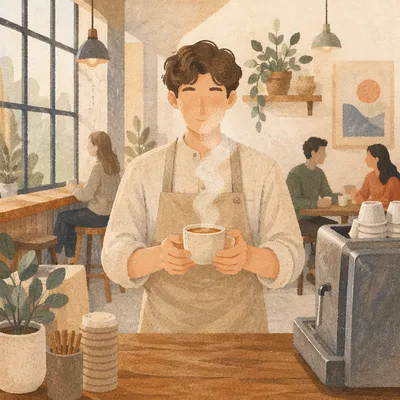 Welcoming Barista at Bright Cafe Counter