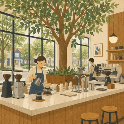 Modern Cafe Barista Counter with Indoor Tree