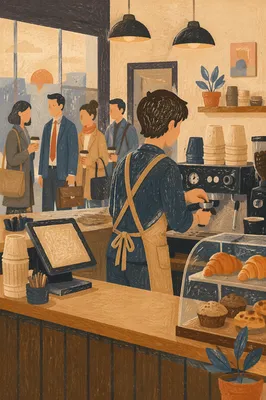Morning Barista Rush at Coffee Counter