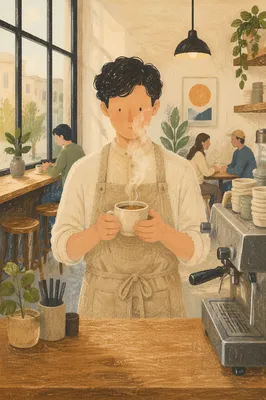 Welcoming Barista at Coffee Shop Counter