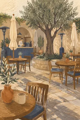 Morning Cafe Courtyard with Barista Counter