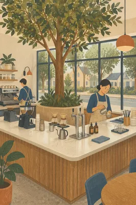 Modern Cafe Barista Counter with Indoor Tree